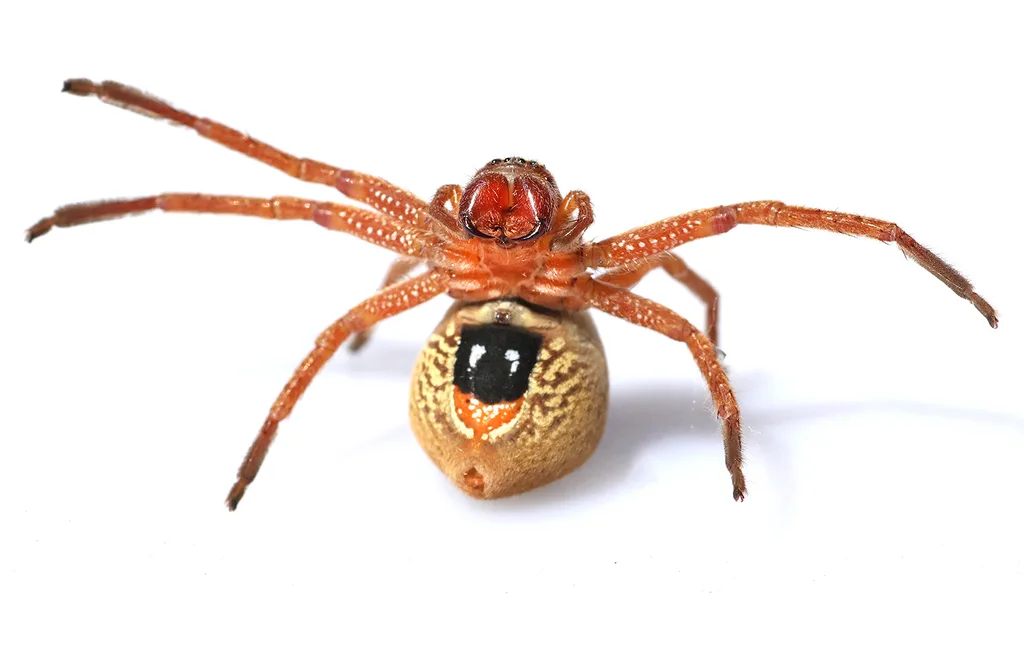 A flat wide-bodied animal with pale banded limbs, on a plain pale surface